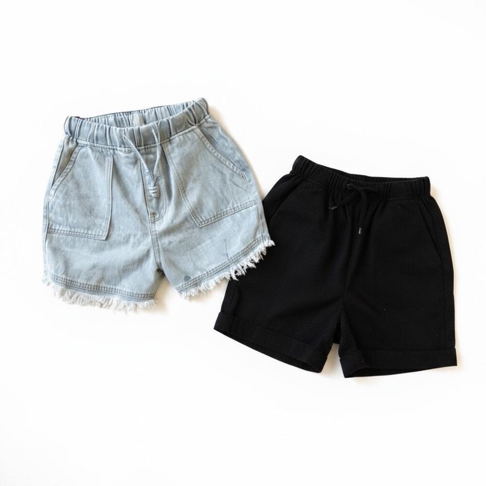 2 Pair Women’s Casual Shorts Bundle Denim Frayed/Black Drawstring Elastic Waist